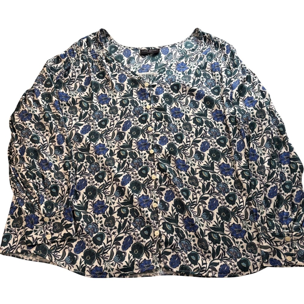 Lane Bryant Floral Button Front Blouse Blue Green V-Neck Mixed Media Plus‎ 22/24